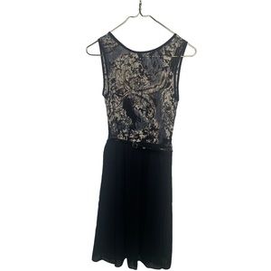 AB Studio Womens Size 6 Belted Black Dress Lace Top Sheer Bottom Built in Cami